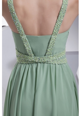 Modest Green Beaded V-neck Floor-length Empire Prom Dresses