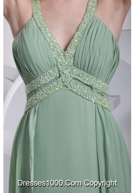 Modest Green Beaded V-neck Floor-length Empire Prom Dresses