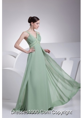 Modest Green Beaded V-neck Floor-length Empire Prom Dresses