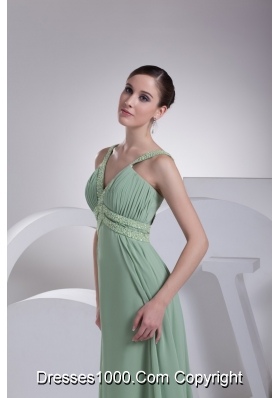 Modest Green Beaded V-neck Floor-length Empire Prom Dresses