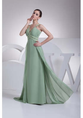 Modest Green Beaded V-neck Floor-length Empire Prom Dresses