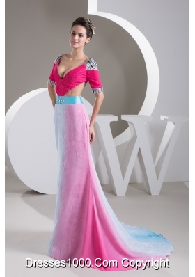 Multi-Colored V-neck Prom Gowns with Brush Train and Cutout Waist