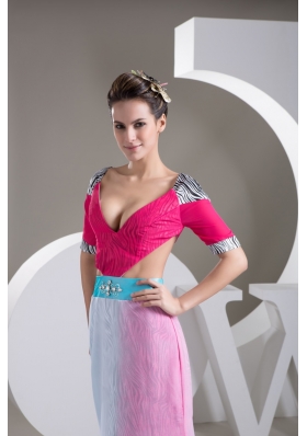 Multi-Colored V-neck Prom Gowns with Brush Train and Cutout Waist