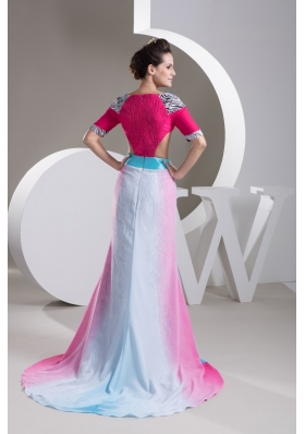 Multi-Colored V-neck Prom Gowns with Brush Train and Cutout Waist