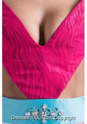 Multi-Colored V-neck Prom Gowns with Brush Train and Cutout Waist