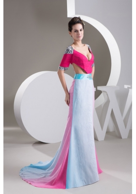 Multi-Colored V-neck Prom Gowns with Brush Train and Cutout Waist