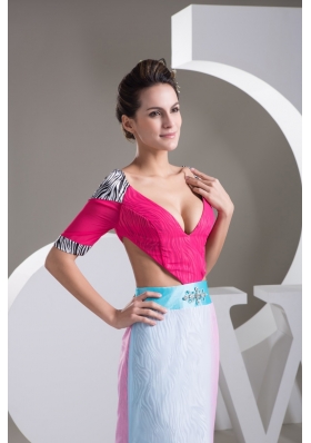 Multi-Colored V-neck Prom Gowns with Brush Train and Cutout Waist