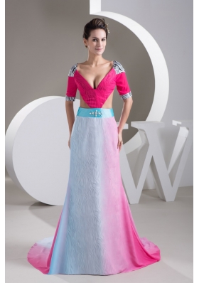 Multi-Colored V-neck Prom Gowns with Brush Train and Cutout Waist