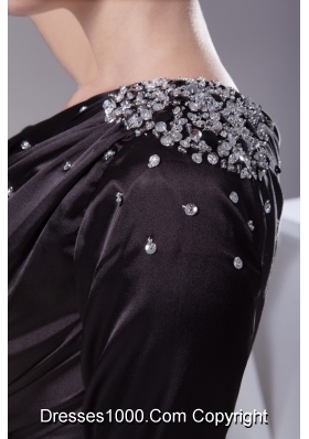 One Shoulder Long Sleeve Beaded Black Mini-length Prom Dress