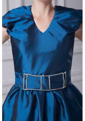 Puffy Cap Sleeves V-neck Prom Dresses with Beaded Bow Belt