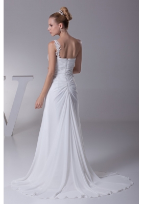 Ruched and Beaded One Shoulder Brush Train Bridal Gown with HIgh Slit