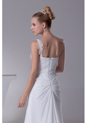 Ruched and Beaded One Shoulder Brush Train Bridal Gown with HIgh Slit