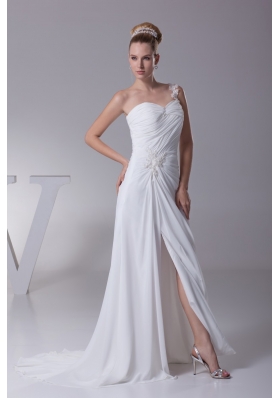 Ruched and Beaded One Shoulder Brush Train Bridal Gown with HIgh Slit