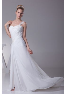 Ruched and Beaded One Shoulder Brush Train Bridal Gown with HIgh Slit