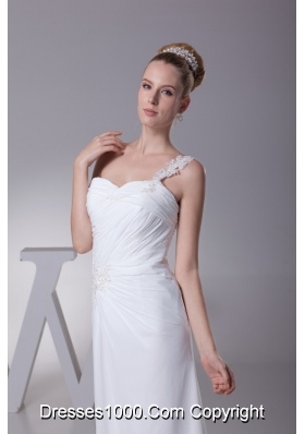 Ruched and Beaded One Shoulder Brush Train Bridal Gown with HIgh Slit