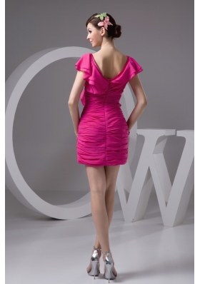 Ruched and Flounced Mini-length V-neck Prom Dresses in Hot Pink