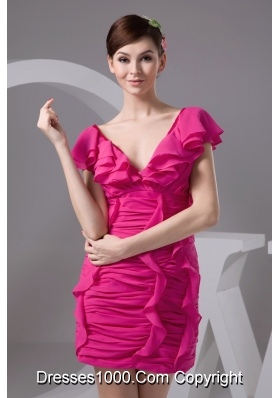 Ruched and Flounced Mini-length V-neck Prom Dresses in Hot Pink