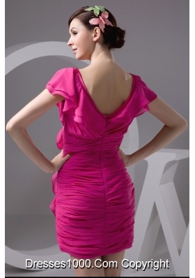 Ruched and Flounced Mini-length V-neck Prom Dresses in Hot Pink