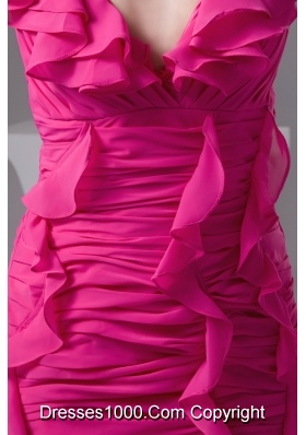 Ruched and Flounced Mini-length V-neck Prom Dresses in Hot Pink