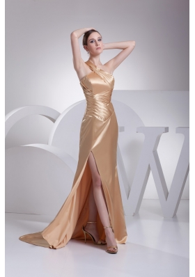 Ruched Single Shoulder Champagne Prom Gowns with Slit one The Side