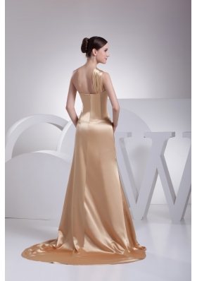 Ruched Single Shoulder Champagne Prom Gowns with Slit one The Side