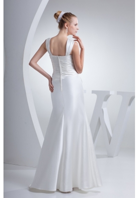 Ruching and Beading Decorated Wide Straps Square Sheath Bridal Dress