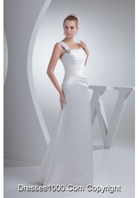 Ruching and Beading Decorated Wide Straps Square Sheath Bridal Dress