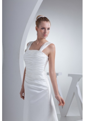 Ruching and Beading Decorated Wide Straps Square Sheath Bridal Dress