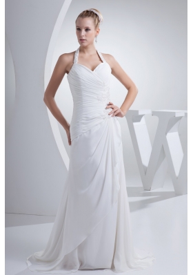 Ruching Beading and Appliques Halter Top Sheath Wedding Gown
