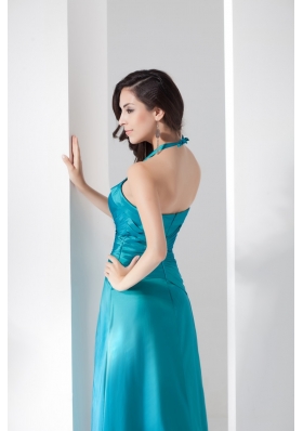 Ruching Halter Top Column Ankle-length Prom Dresses in Turquoise