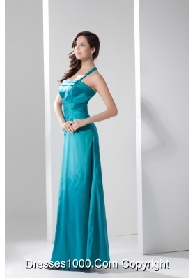 Ruching Halter Top Column Ankle-length Prom Dresses in Turquoise