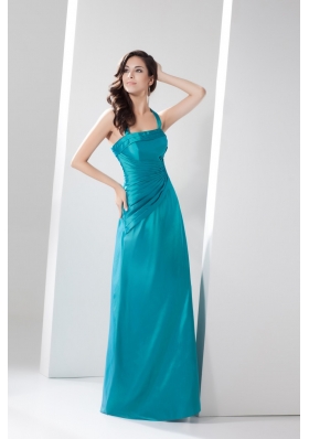 Ruching Halter Top Column Ankle-length Prom Dresses in Turquoise