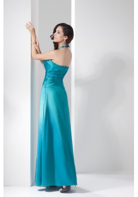 Ruching Halter Top Column Ankle-length Prom Dresses in Turquoise