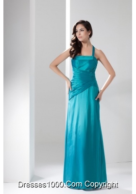 Ruching Halter Top Column Ankle-length Prom Dresses in Turquoise