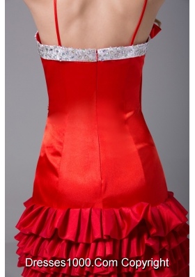 Ruffle-layers Spaghetti Straps Beaded Red Prom Dress Knee-length