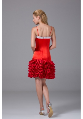 Ruffle-layers Spaghetti Straps Beaded Red Prom Dress Knee-length