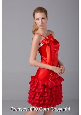 Ruffle-layers Spaghetti Straps Beaded Red Prom Dress Knee-length