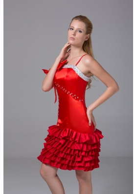 Ruffle-layers Spaghetti Straps Beaded Red Prom Dress Knee-length