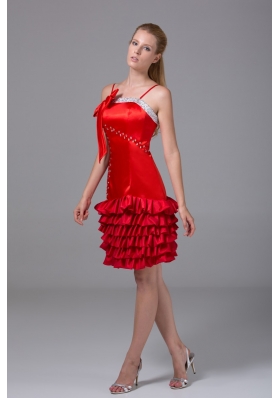 Ruffle-layers Spaghetti Straps Beaded Red Prom Dress Knee-length