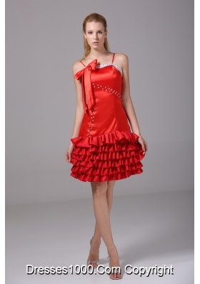 Ruffle-layers Spaghetti Straps Beaded Red Prom Dress Knee-length