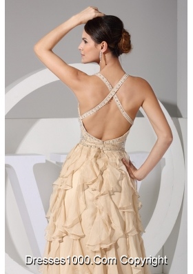 Ruffled Layers Beading and Belt Prom Gowns with Plunging Neckline