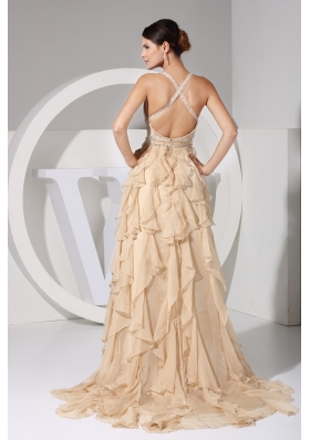 Ruffled Layers Beading and Belt Prom Gowns with Plunging Neckline