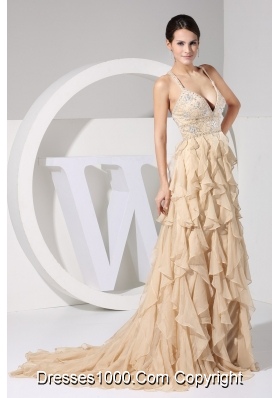 Ruffled Layers Beading and Belt Prom Gowns with Plunging Neckline