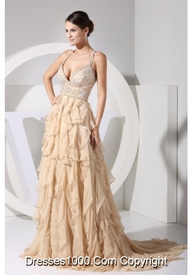 Ruffled Layers Beading and Belt Prom Gowns with Plunging Neckline