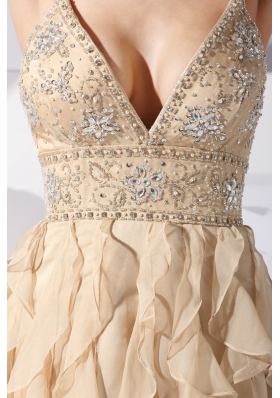 Ruffled Layers Beading and Belt Prom Gowns with Plunging Neckline