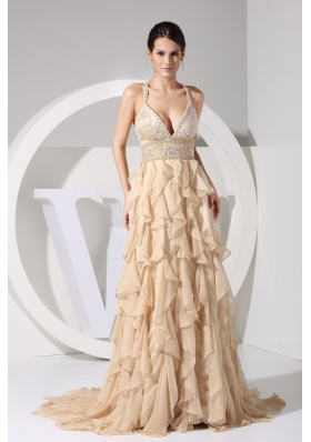 Ruffled Layers Beading and Belt Prom Gowns with Plunging Neckline