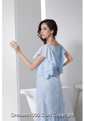 Ruffled Short Sleeves Scoop Ankle-length Prom Dress in Light Blue