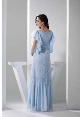 Ruffled Short Sleeves Scoop Ankle-length Prom Dress in Light Blue