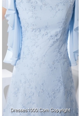 Ruffled Short Sleeves Scoop Ankle-length Prom Dress in Light Blue