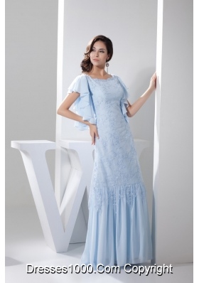 Ruffled Short Sleeves Scoop Ankle-length Prom Dress in Light Blue